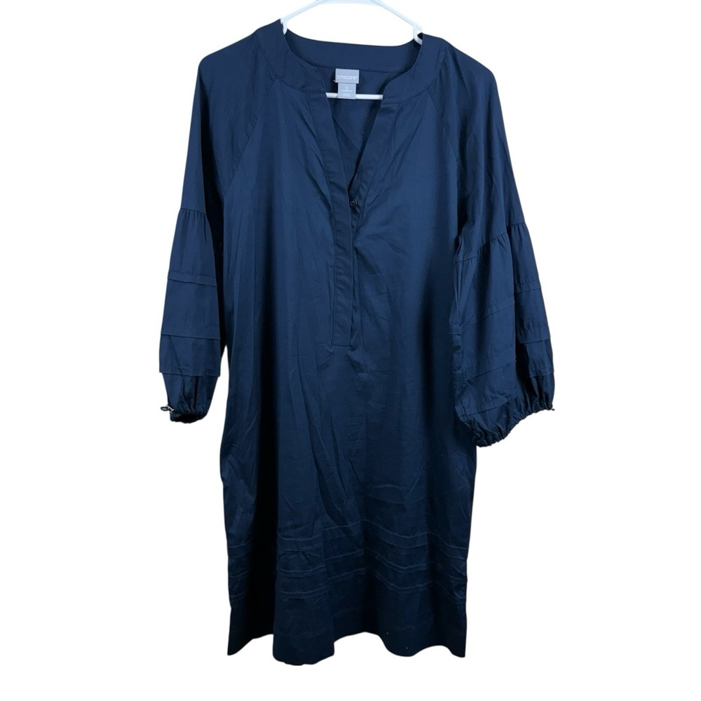 Chico's Dress Womens 0 US 4/6 Navy Balloon Sleeve‎ Tunic Popover Split Neck